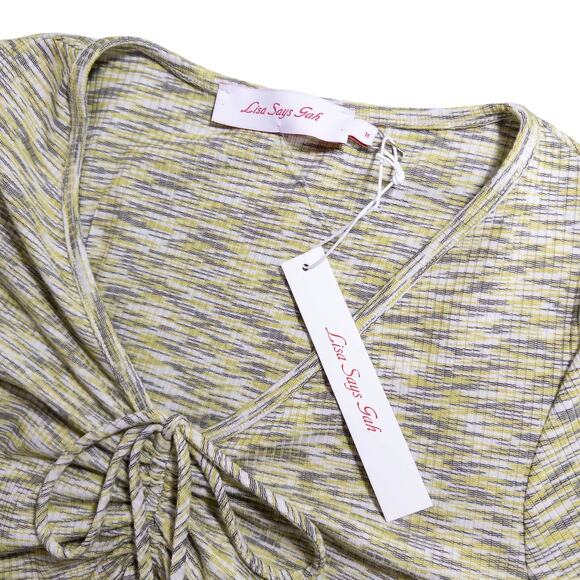 Lisa Says Gah NEW Lotta Space Dye Tie Front Long Sleeve Mini Dress Yellow Medium - Picture 5 of 9